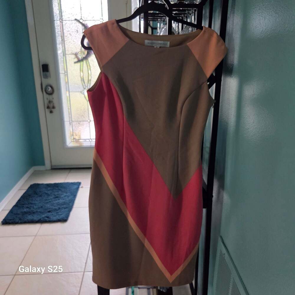 Maggy London Color Block Sheath Dress Tan Pink Coral Size 6